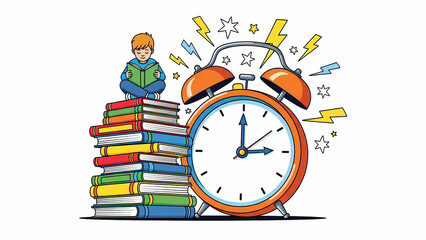 学生が本を読み、時計が鳴る