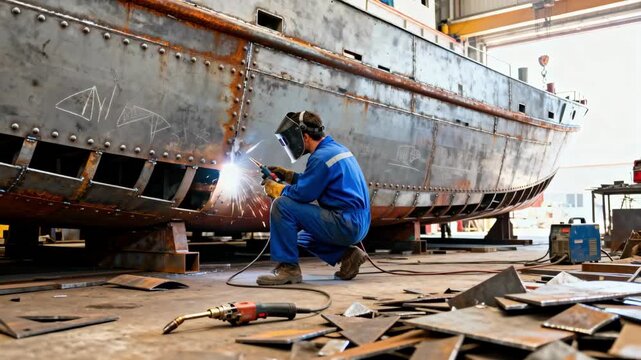 Medium shot of a shipbuilder assembling a hull using recycled metal highlighting the texture and ecoconscious construction process in a bright workshop.