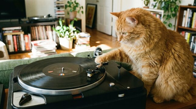 An endearing ginger cat is fascinated by a vintage record player, its paw playfully reaching out to the tonearm, with a backdrop of books and plants in a warm and inviting home atmosphere.