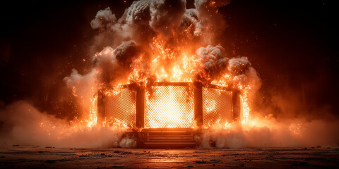 To mouch fire burning effect around the mix martial art satage , action background image.