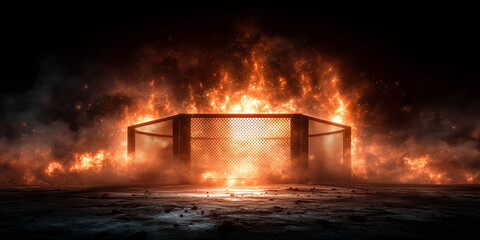 Fight stage with the cage and fire burning effect around , action cinematic image.