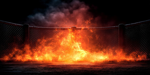 Fire burning effect around the boxing stgage , action cinematic mood.