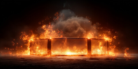 Mix martial art stage with the cage there are fire effect burning around , action background image.