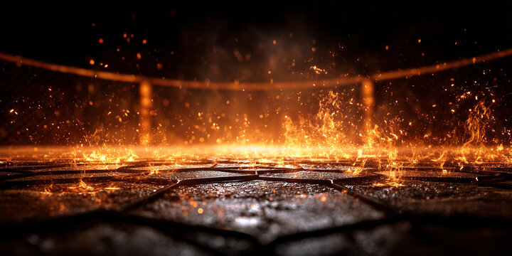 Low angle camera , fight stage with fire effect burning on the ground , action background image.