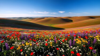 A vibrant field of red, purple, white, and yellow wildflowers covers rolling hills under a bright blue sky.