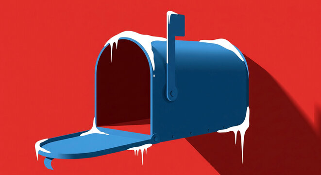 A stylized blue mailbox is the primary subject, positioned side view, set against a solid red background