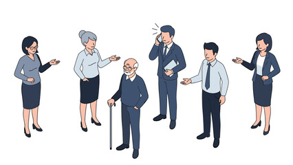 Obraz premium Group of diverse people including a senior man with a cane and business professionals standing together in a friendly circle.
