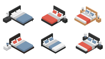 Six different modern bed styles showcasing various color palettes for bedding and matching nightstands with stylish lamps.
