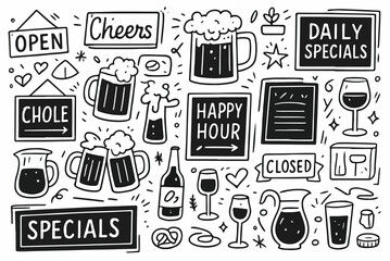 Hand-drawn doodle vector set of pub chalkboard doodles in a fun style, isolated on white background  © Creative Lab