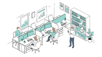 Obraz premium Modern office floor plan with multiple employees working at shared desks using computers in a productive corporate setting.