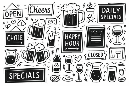 Hand-drawn doodle vector set of pub chalkboard doodles in a fun style, isolated on white background
