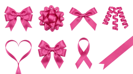 Pink satin ribbon set including bows, heart shape, awareness loop, and curly streamers isolated. Decorative gift wrap and celebration elements.