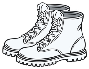 Vector illustration of classic army work boots in a simple black and white graphic style