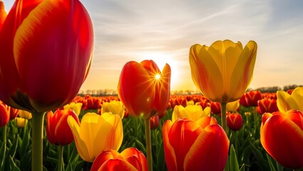 Vibrant tulip field at sunrise with bright golden light shining through red and yellow petals create a magical spring landscape in morning sun rays over blooming flowers