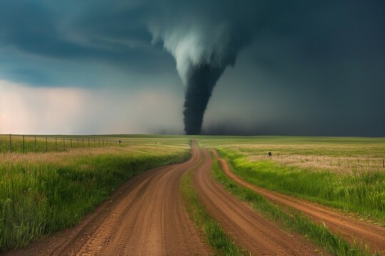 A powerful tornado descends from dark, swirling clouds over expansive green fields in the Midwest. The tornados dark funnel shape stretches down, contrasting with the bright green grass