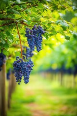 Obraz premium A vineyard with bunches of blue-purple grapes hanging from grapevines. Concept Vineyard Landscape, Blue-Purple Grapes, Grapevine Rows in Sunlight, Harvest Atmosphere, Winery Photo Aesthetic