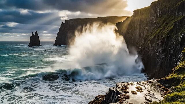 Huge wave crashes against mossy cliffs under dramatic sky with sunlit rays and sea stacks