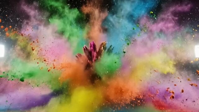 Happy Holi video motion animated footage showing colorful powder explosion festival of colors celebration with dynamic splashes abstract energy and visual impact