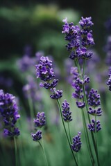 Obraz premium Purple lavender flowers on tall green stems blooming in a sunny garden. Concept Purple lavender in a sunny garden, Tall green stems, Blooming garden flowers, Lavender in sunlight