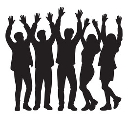 Black Silhouettes of People Raising Hands in Celebration on White Background