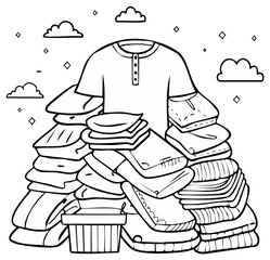 Cartoon Illustration of a Mountain of Folded Clothes and a T-shirt