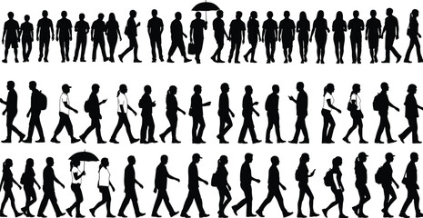 Walking people silhouette collection, men and women pedestrian crowd in motion, daily urban life concept, black vector illustration set isolatedWalking people silhouette collection, men and women 