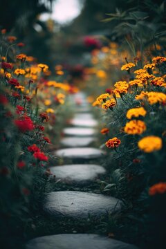 A narrow stepping-stone path winds through a lush garden, lined with bright yellow and orange marigolds and red blooms. Concept Narrow stepping-stone path, Lush garden, Yellow and orange marigolds