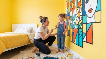Mother and Daughter Painting Colorful Wall Mural Together in Bright Yellow Room
