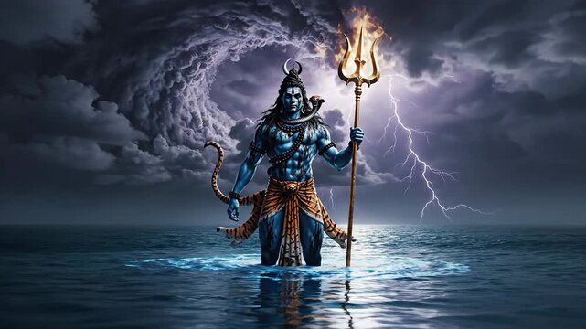 Powerful Hindu God Shiva in Stormy Sea with Trident and Lightning
