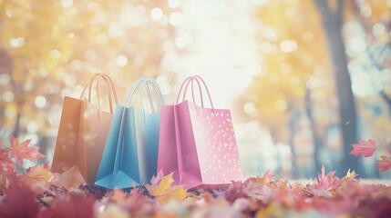 Colorful shopping bags amidst fallen leaves in a vibrant autumn setting.