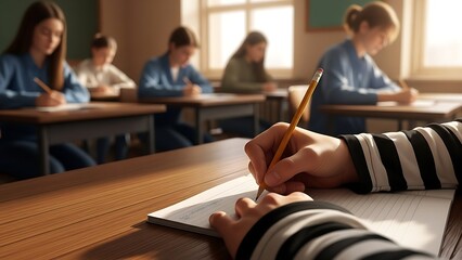 Students in a classroom setting taking an exam or test, focusing on education and learning