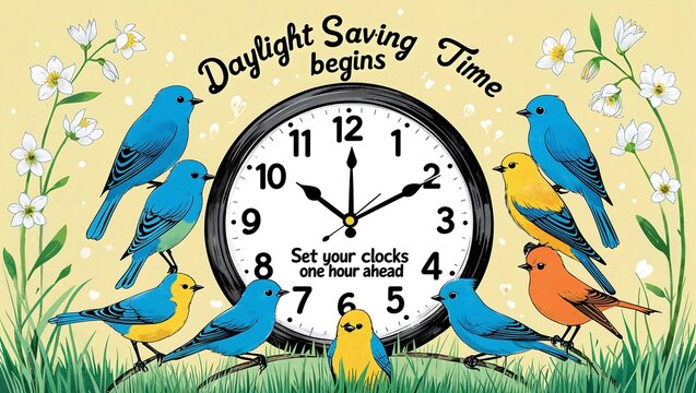 Daylight saving time begins illustration with birds and clock on yellow background - Powered by Adobe