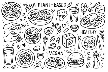 Hand-drawn doodle vector set of vegan restaurant icons in a fun style, isolated on white background  © Creative Lab