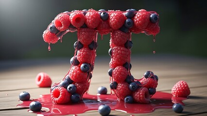 Creative Pi symbol constructed from fresh raspberries and blueberries artfully arranged on a wooden surface