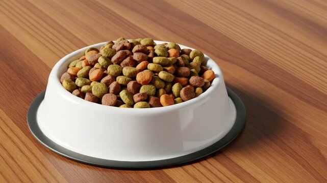 Dog food bowl filled with kibble on wooden table surface  