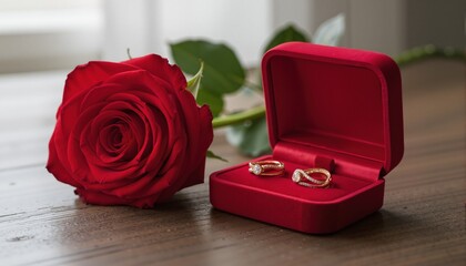 Red rose and a box with gold jewelry