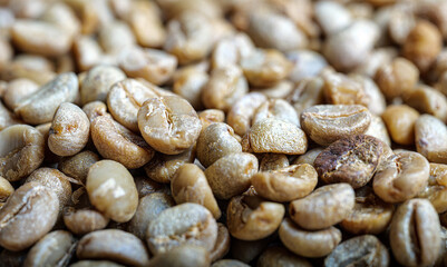 Macro close-up of raw green coffee beans before roasting, unroasted green coffee bean texture background