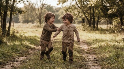 Two Happy Young Twin Brothers Laughing and Playing in Muddy Field on a Sunny Day