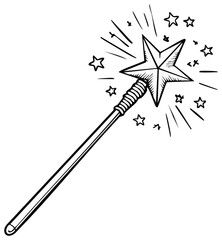 Hand-drawn magic wand casting sparkling stars, fairy dust swirls, cartoon illustration for enchanting spell-casting and whimsical adventures