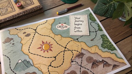 Map with 'Origin' sticker and motivational quote illustration