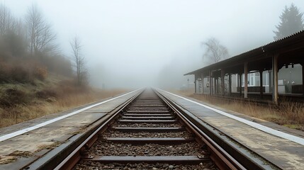 Fototapeta premium Railway tracks vanishing into mist at a train station platform