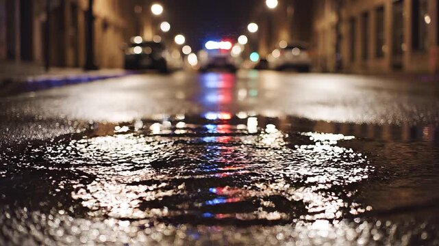 A blue and red police siren reflected in a puddle of water on a wet pavement.  A footsteps into the frame and into the water and then walks out of frame