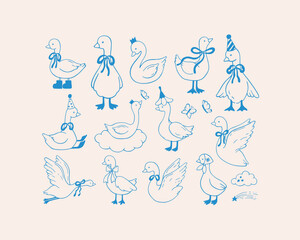 Cute geese and swans doodle hand drawn vector illustrations. Baby and kids whimsical design. Silly goose and swan in blue color © Victoriyad
