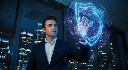 Corporate leader interacting with cybersecurity shield interface