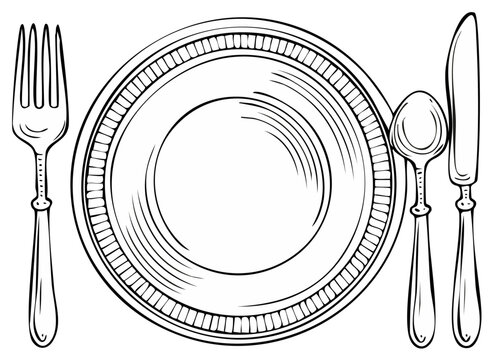 Elegant dining setting illustration with plate, fork, spoon, and knife outlined in classic monochrome.