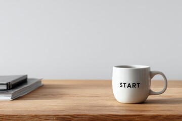 Start your day with a minimalist white mug on a wooden desk in a calm workspace