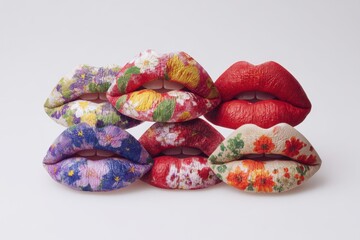 Colorful floral lips collage with vibrant lipstick and painted flower patterns across lips
