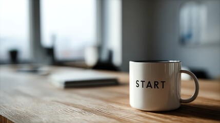 Start your day with a mug on a wooden desk in a modern office setting