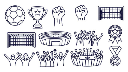 Outline Football Icons Collection Stadium Trophy Medal Ball Goal Fan Celebration Vector © Bilkis Islam