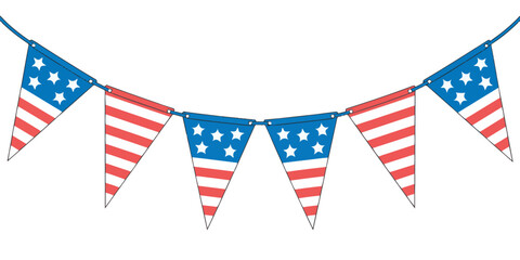 Fototapeta premium Festive bunting flags in American flag colors and patterns, hanging on string, celebrating independence day and holidays